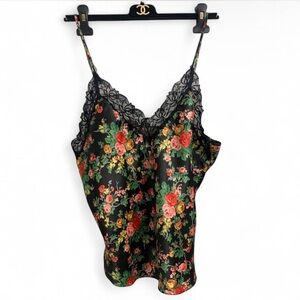 Vintage Victoria's Secret Black Floral print satin Cami Lace top size Large